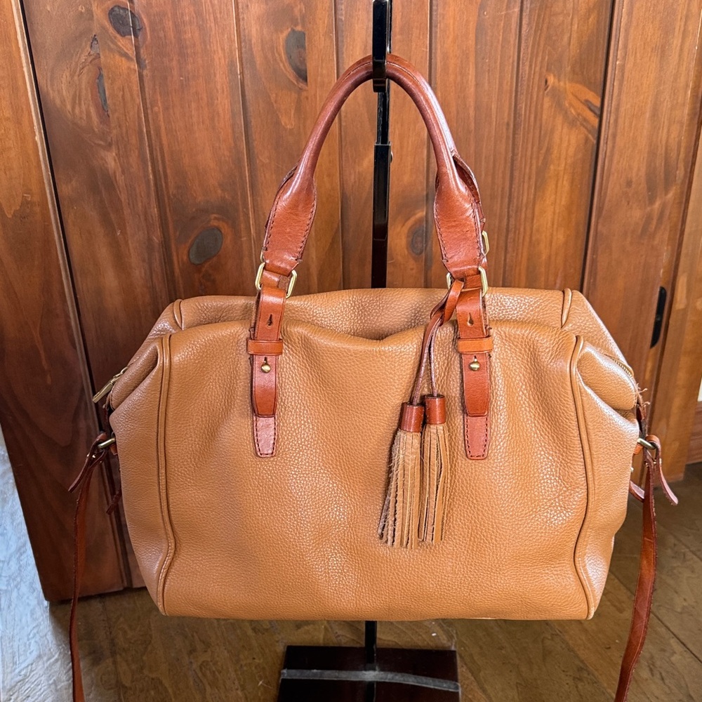 JCrew Leather Bowling like Tassel  Handbag in Tan